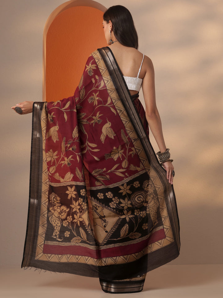 Red Printed Silk Blend Saree With Unstitched Blouse Piece