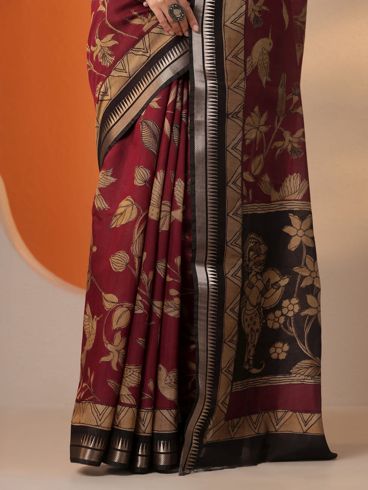 Red Printed Silk Blend Saree With Unstitched Blouse Piece