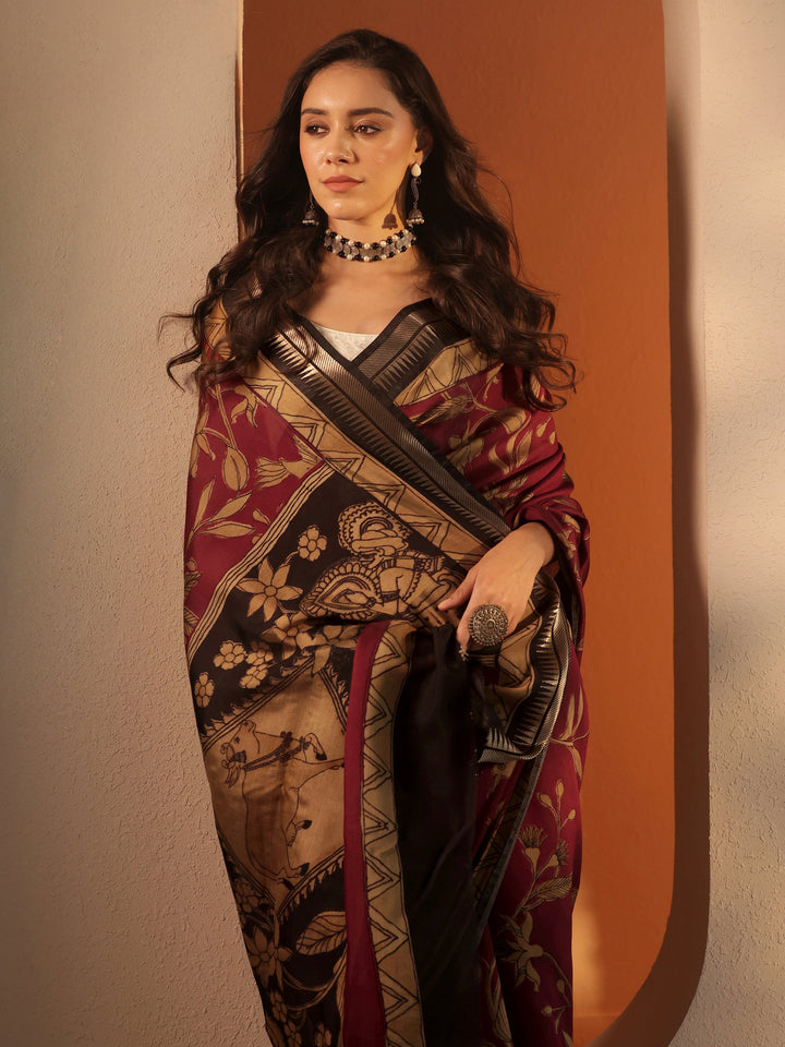 Red Printed Silk Blend Saree With Unstitched Blouse Piece