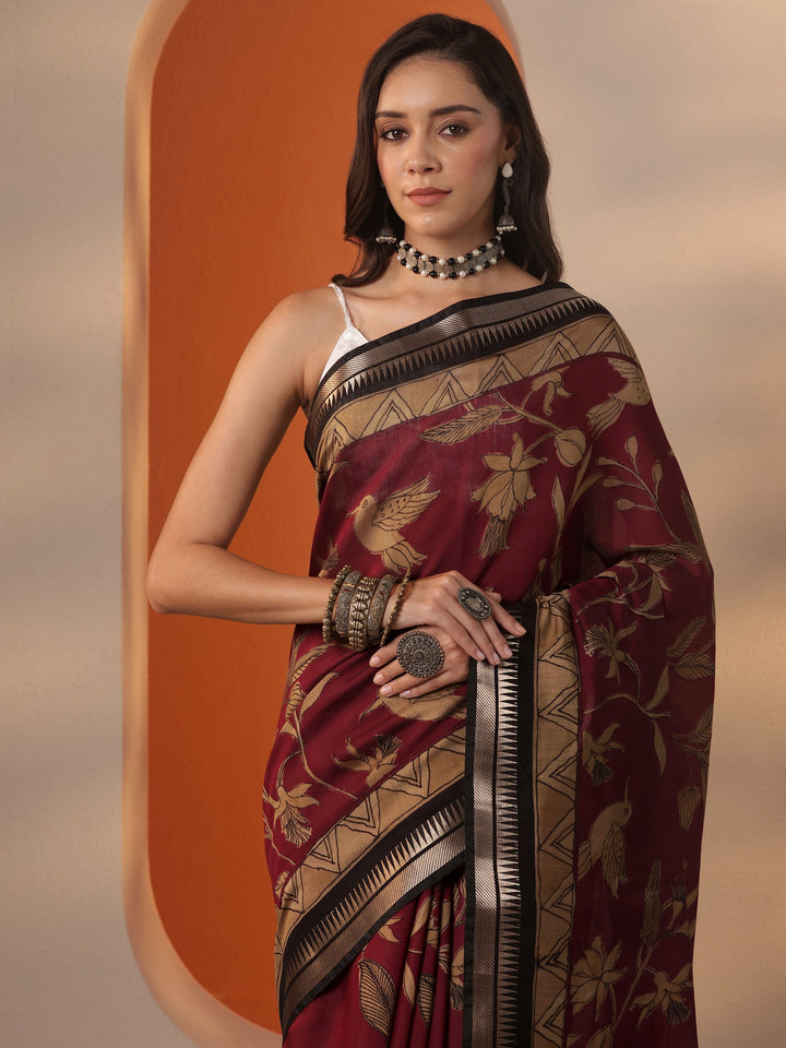 Red Printed Silk Blend Saree With Unstitched Blouse Piece