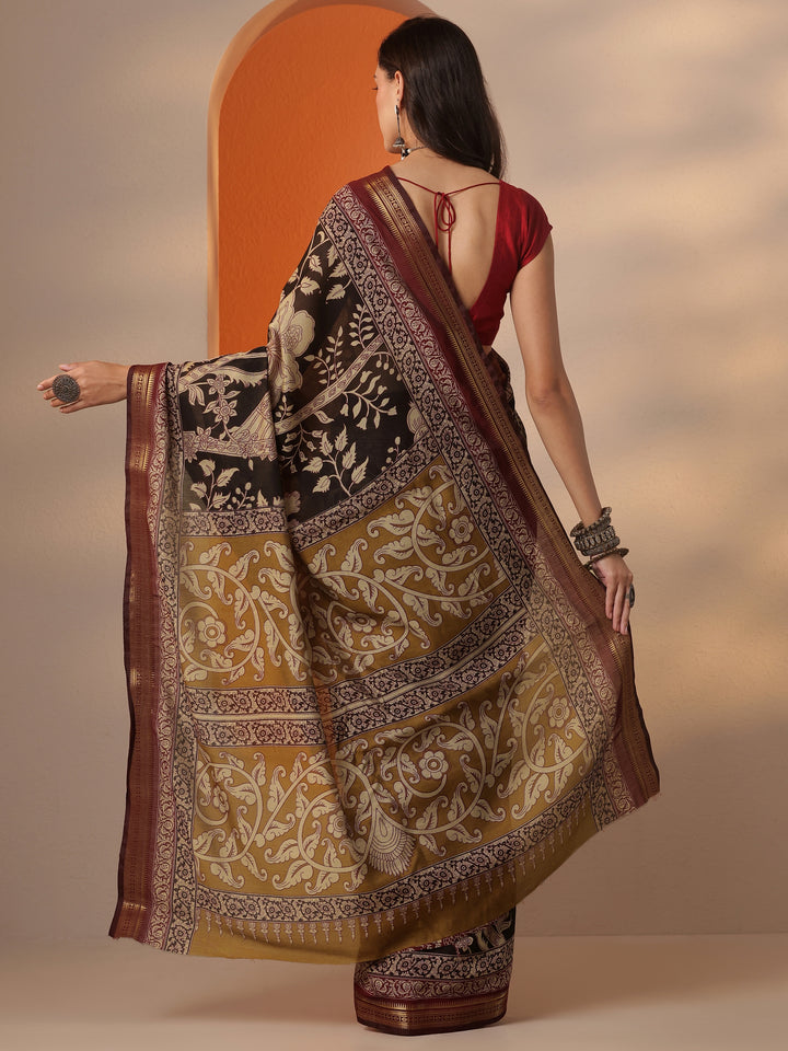 Black Printed Silk Blend Saree With Unstitched Blouse Piece
