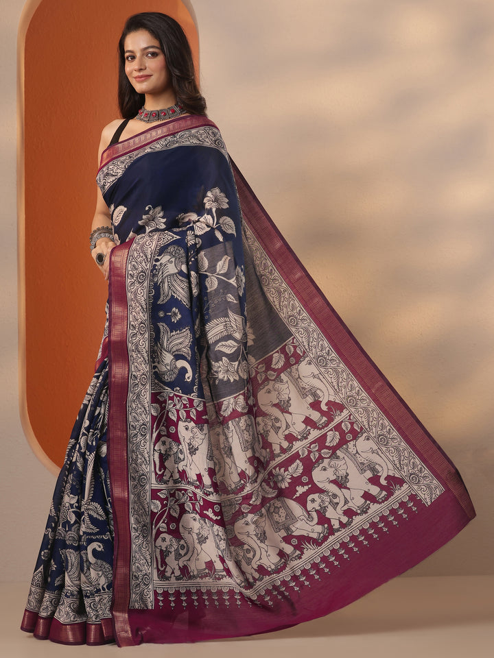 Navy Blue Printed Silk Blend Saree With Unstitched Blouse Piece