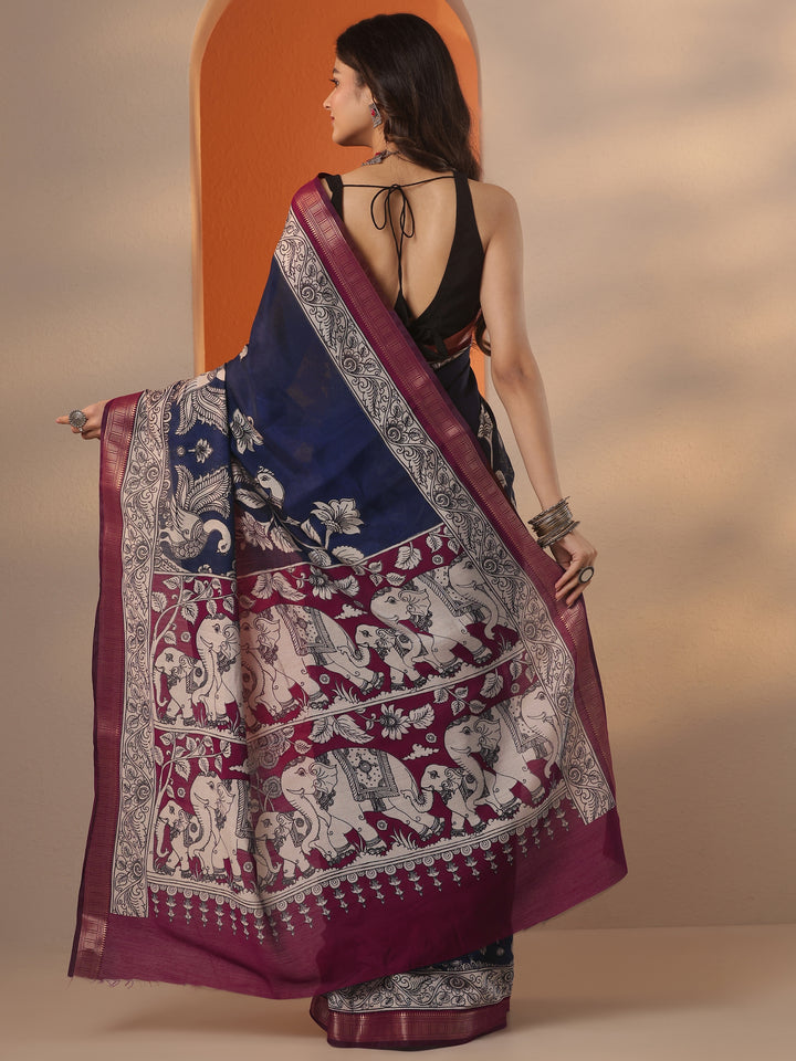 Navy Blue Printed Silk Blend Saree With Unstitched Blouse Piece