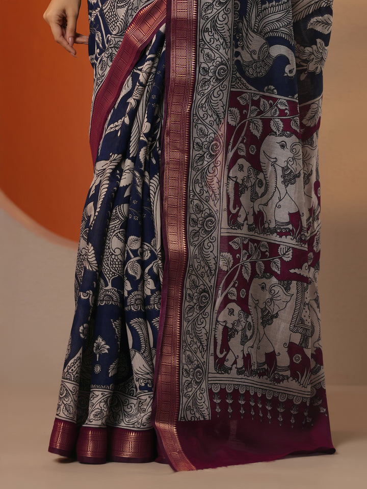 Navy Blue Printed Silk Blend Saree With Unstitched Blouse Piece