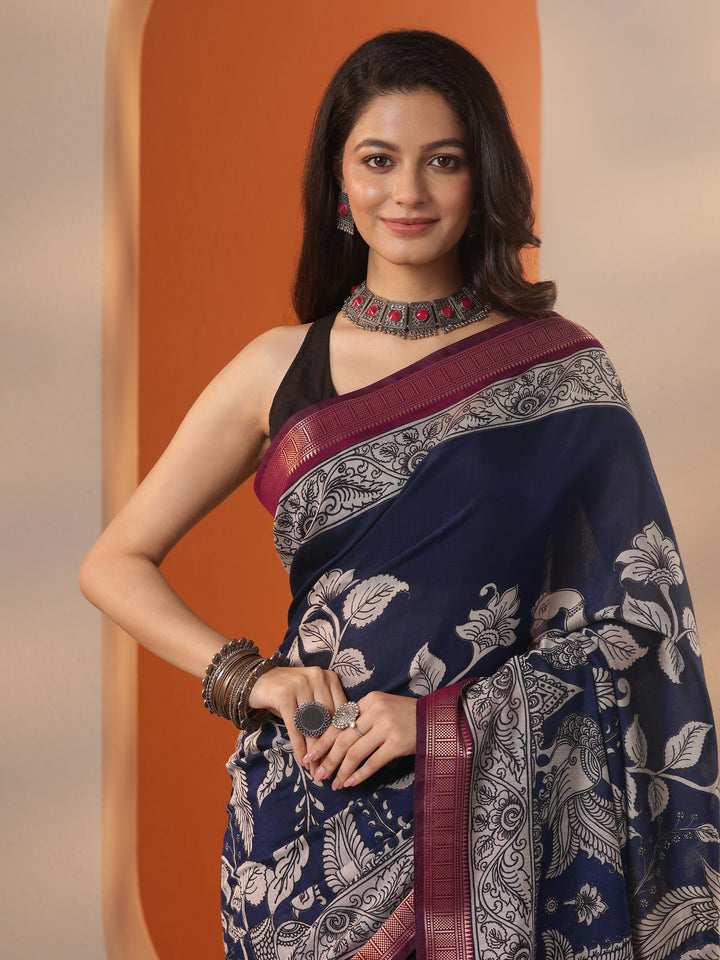 Navy Blue Printed Silk Blend Saree With Unstitched Blouse Piece