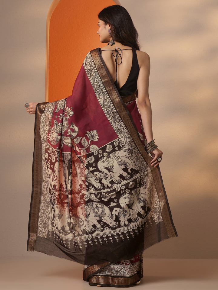 Maroon Printed Silk Blend Saree With Unstitched Blouse Piece