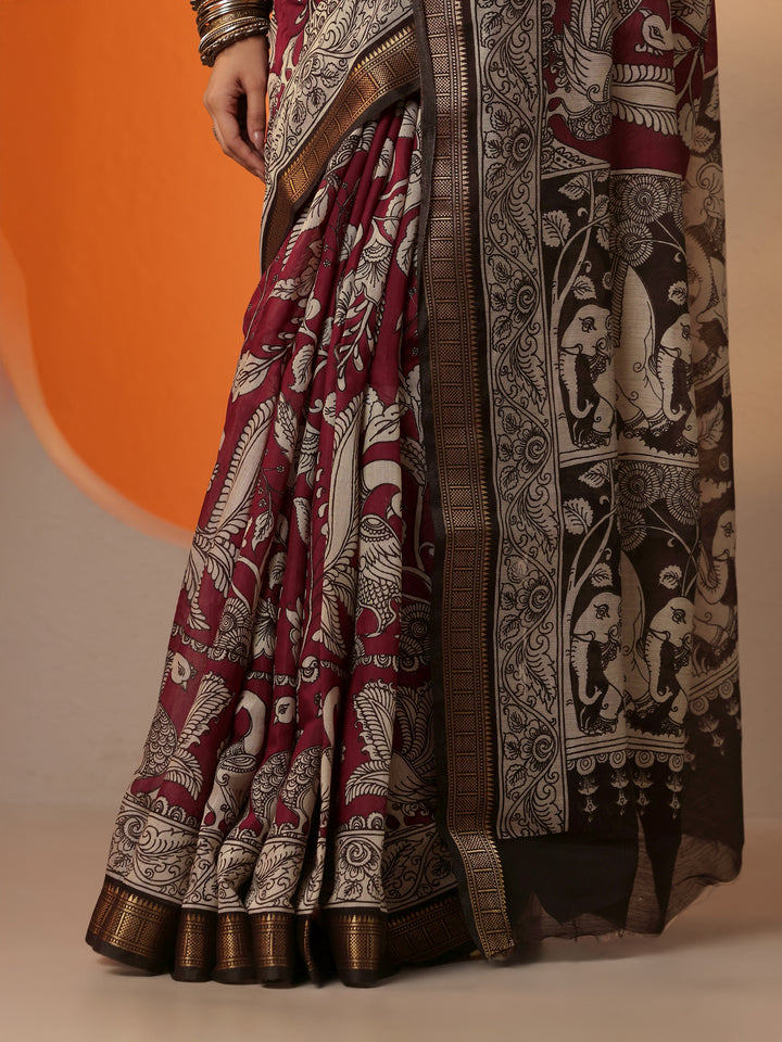 Maroon Printed Silk Blend Saree With Unstitched Blouse Piece