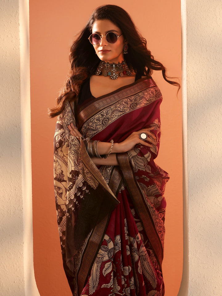 Maroon Printed Silk Blend Saree With Unstitched Blouse Piece