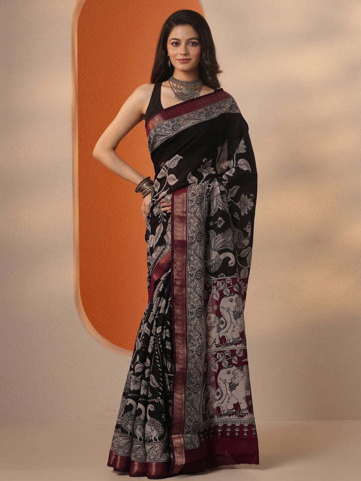 Black Printed Silk Blend Saree With Unstitched Blouse Piece