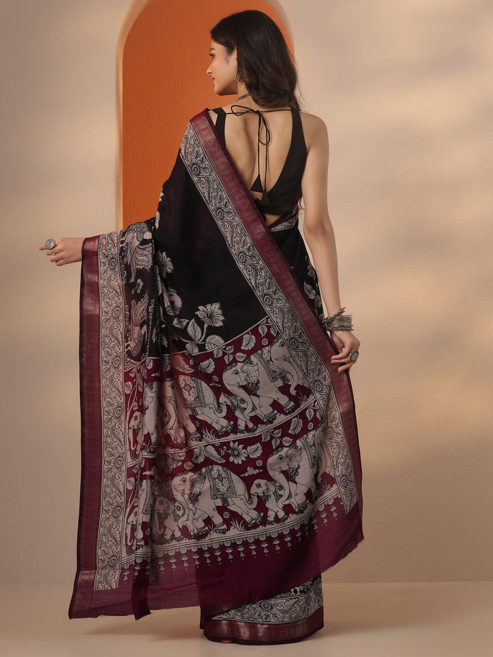 Black Printed Silk Blend Saree With Unstitched Blouse Piece