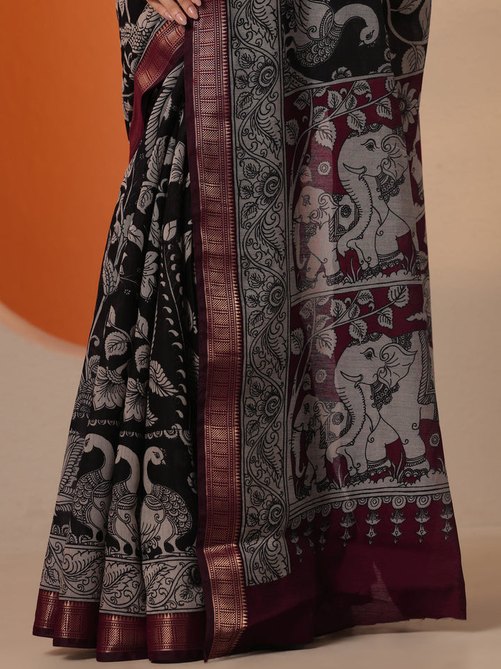 Black Printed Silk Blend Saree With Unstitched Blouse Piece