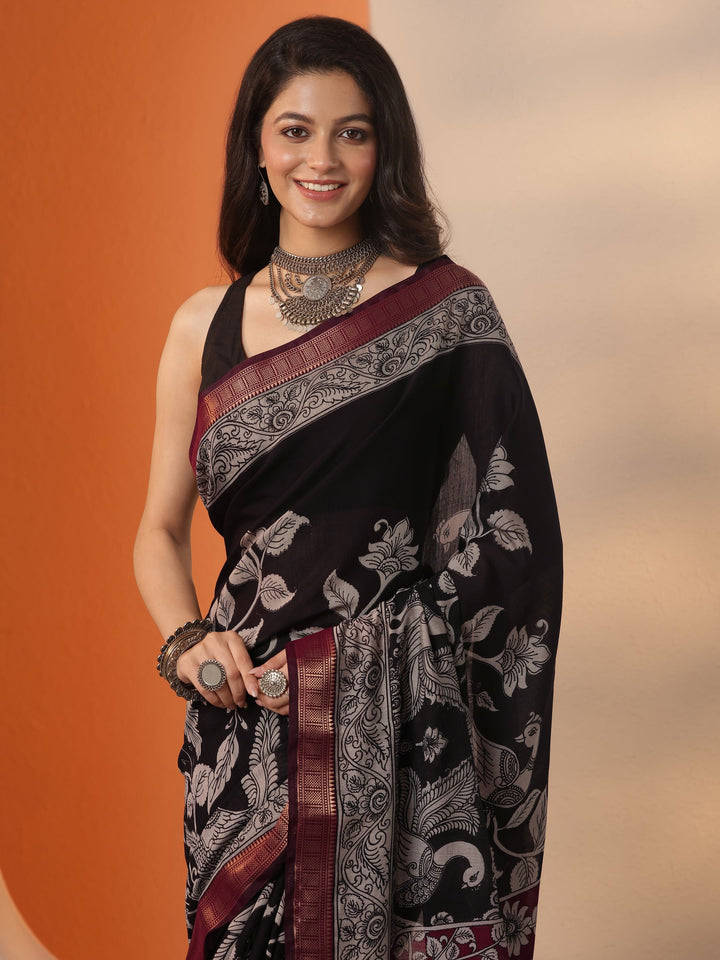 Black Printed Silk Blend Saree With Unstitched Blouse Piece