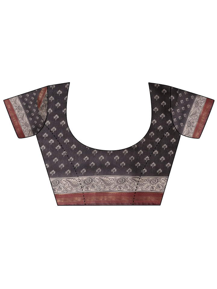 Black Printed Silk Blend Saree With Unstitched Blouse Piece