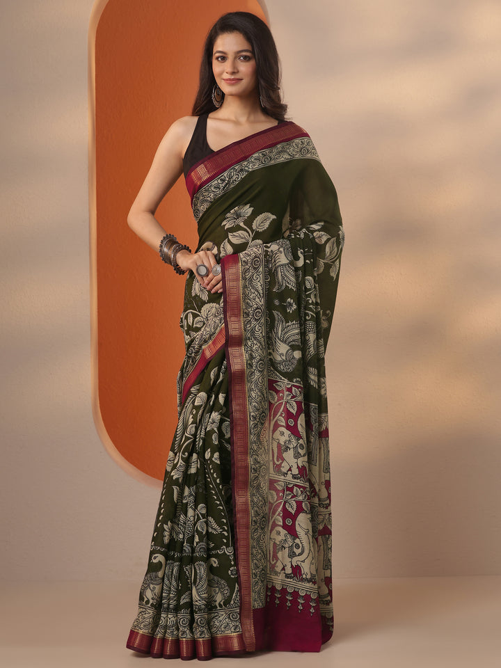 Green Printed Silk Blend Saree With Unstitched Blouse Piece