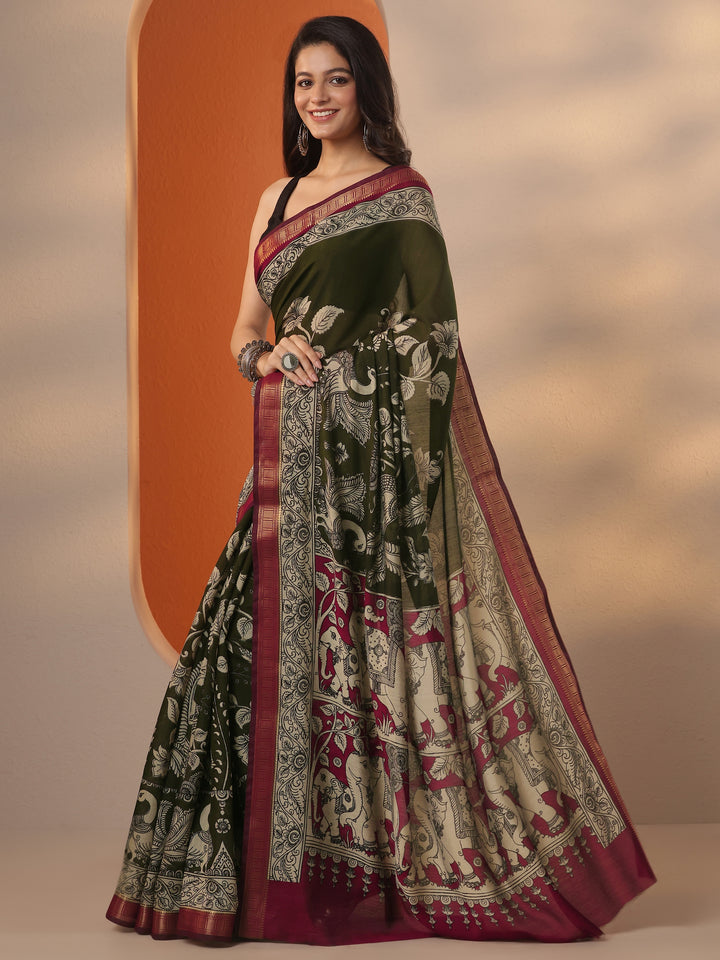 Green Printed Silk Blend Saree With Unstitched Blouse Piece