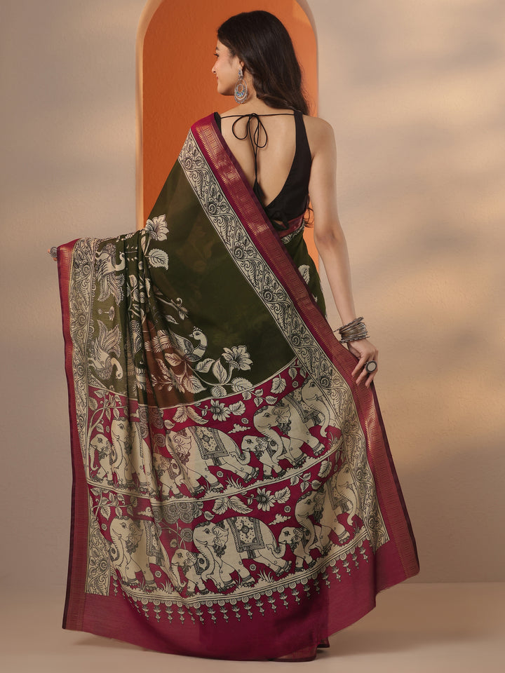 Green Printed Silk Blend Saree With Unstitched Blouse Piece