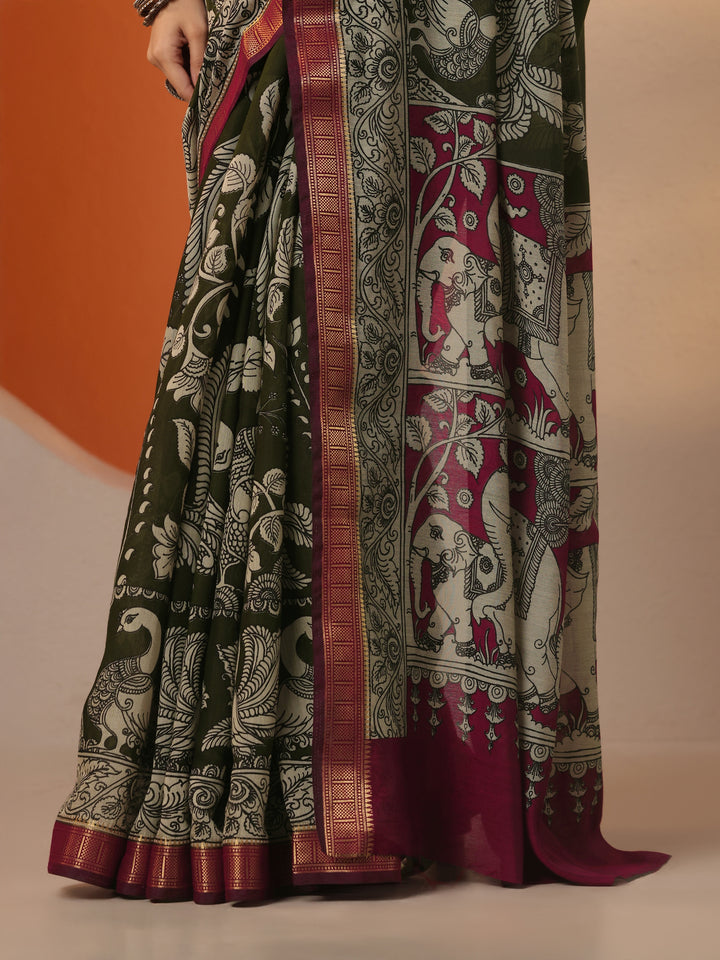 Green Printed Silk Blend Saree With Unstitched Blouse Piece