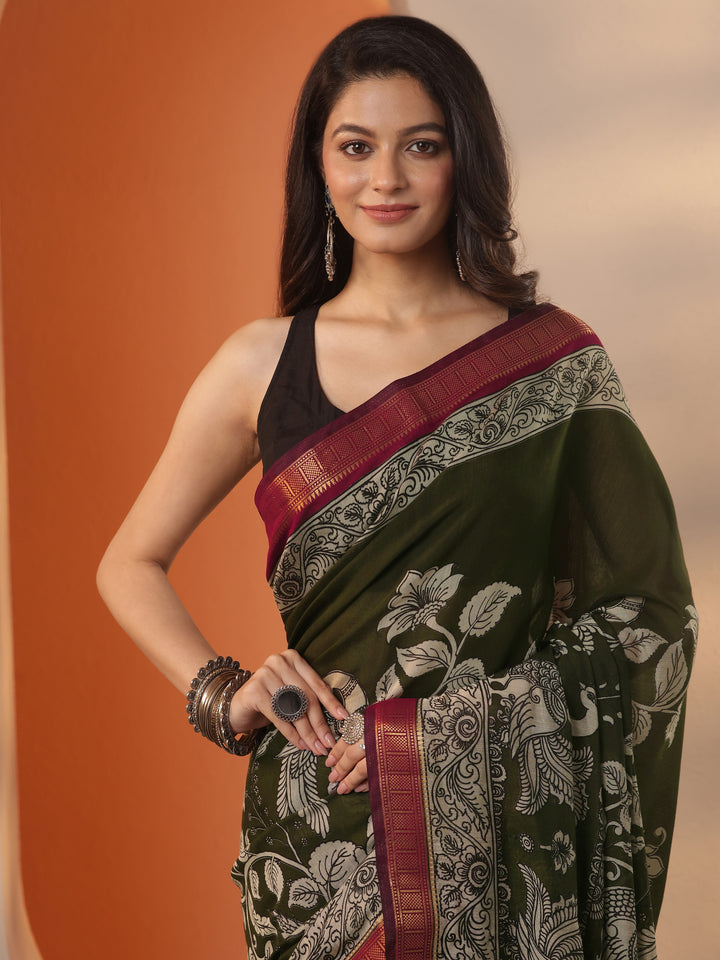 Green Printed Silk Blend Saree With Unstitched Blouse Piece