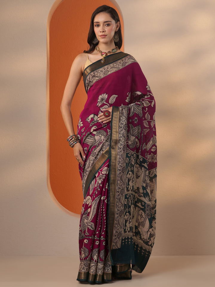 Pink Printed Silk Blend Saree With Unstitched Blouse Piece