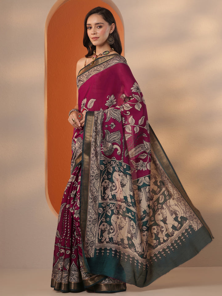 Pink Printed Silk Blend Saree With Unstitched Blouse Piece