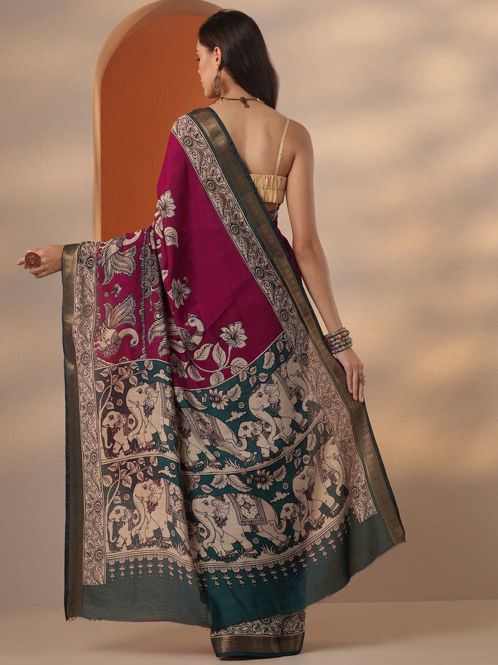 Pink Printed Silk Blend Saree With Unstitched Blouse Piece