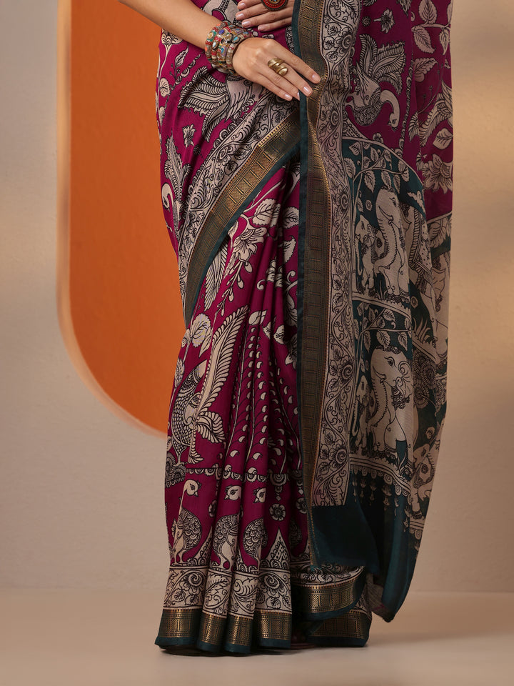 Pink Printed Silk Blend Saree With Unstitched Blouse Piece