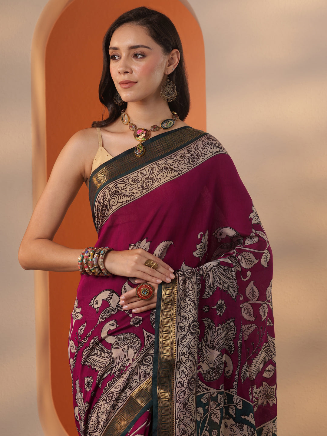 Pink Printed Silk Blend Saree With Unstitched Blouse Piece