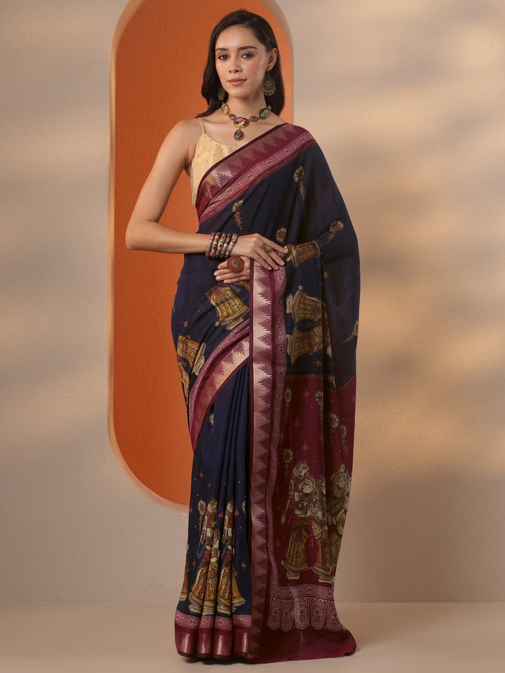 Blue Printed Silk Blend Saree With Unstitched Blouse Piece