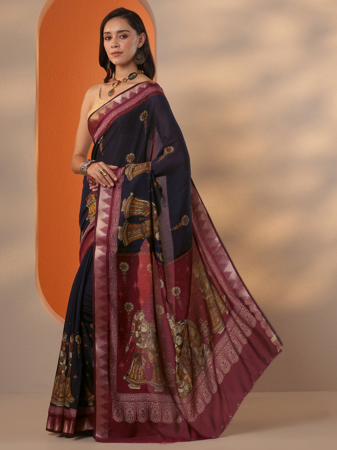 Blue Printed Silk Blend Saree With Unstitched Blouse Piece