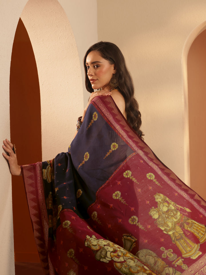 Blue Printed Silk Blend Saree With Unstitched Blouse Piece