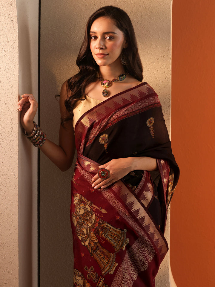 Black Printed Silk Blend Saree With Unstitched Blouse Piece