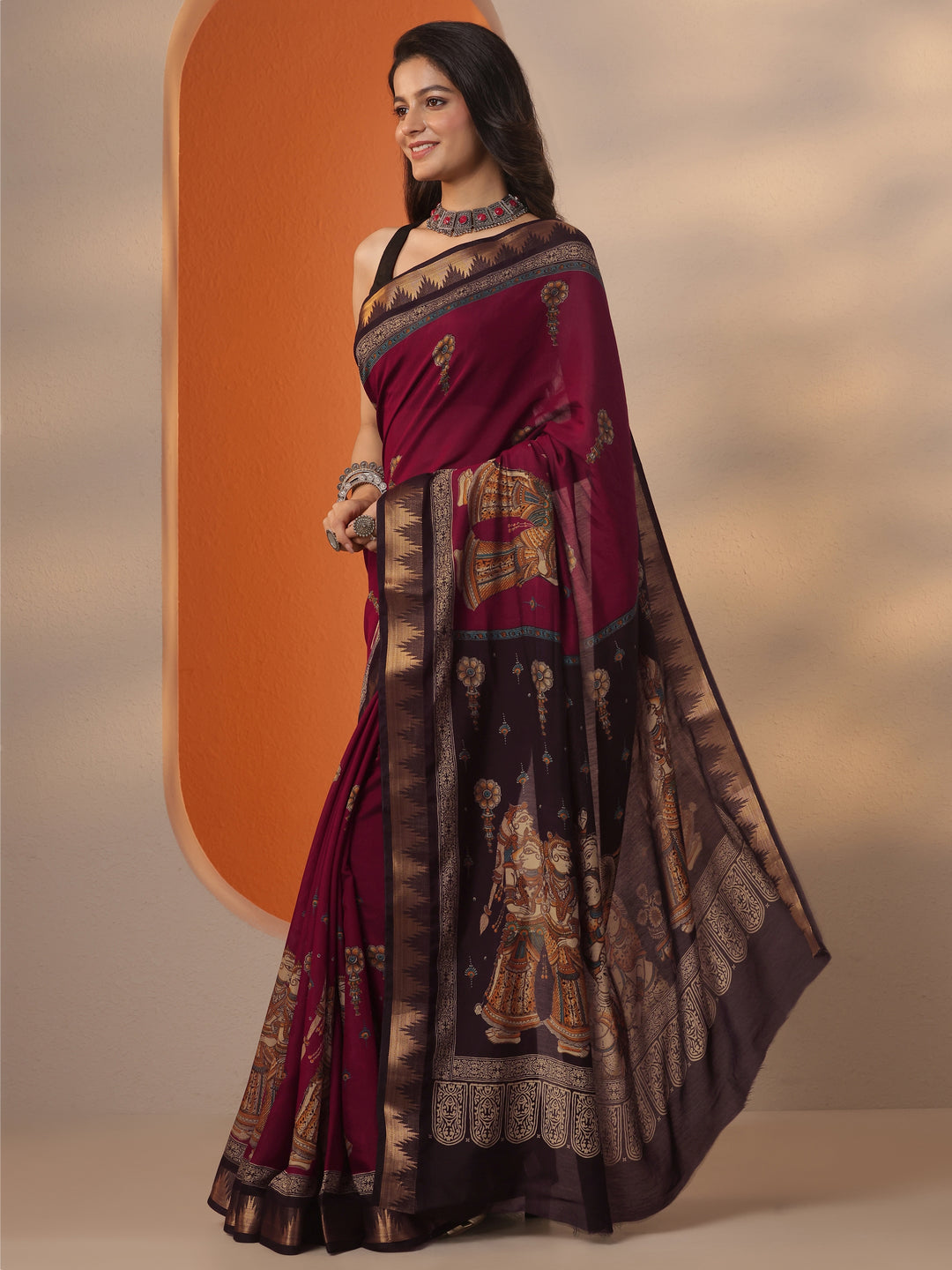 Red Printed Silk Blend Saree With Unstitched Blouse Piece