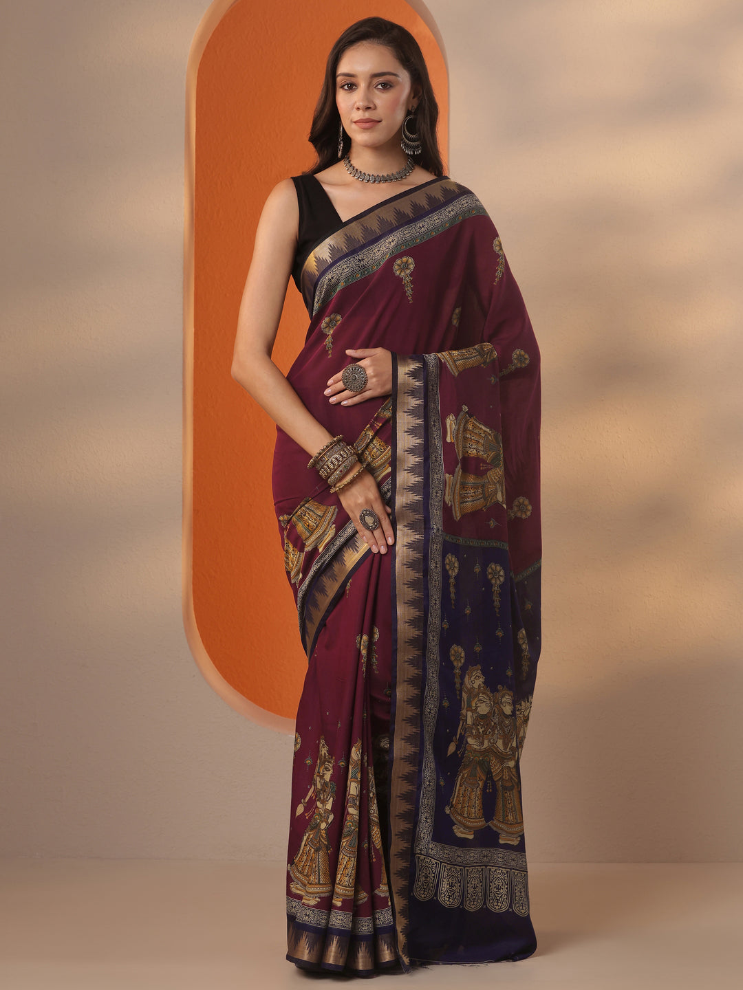 Maroon Printed Silk Blend Saree With Unstitched Blouse Piece