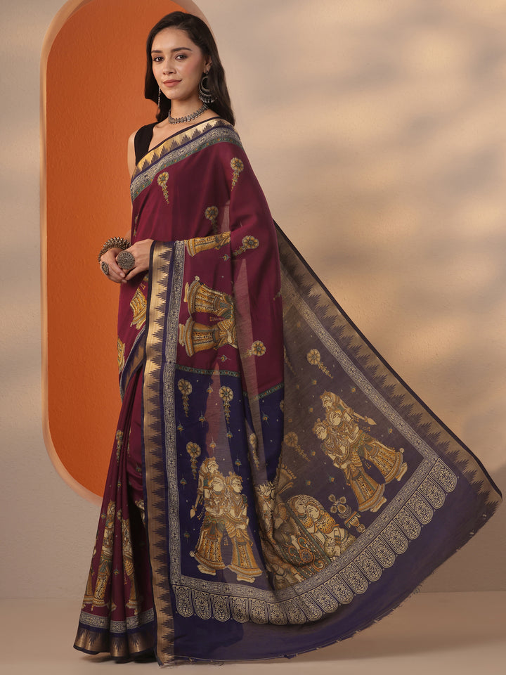 Maroon Printed Silk Blend Saree With Unstitched Blouse Piece
