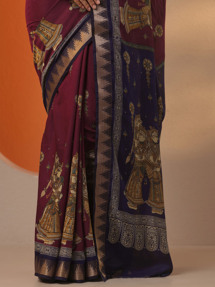 Maroon Printed Silk Blend Saree With Unstitched Blouse Piece