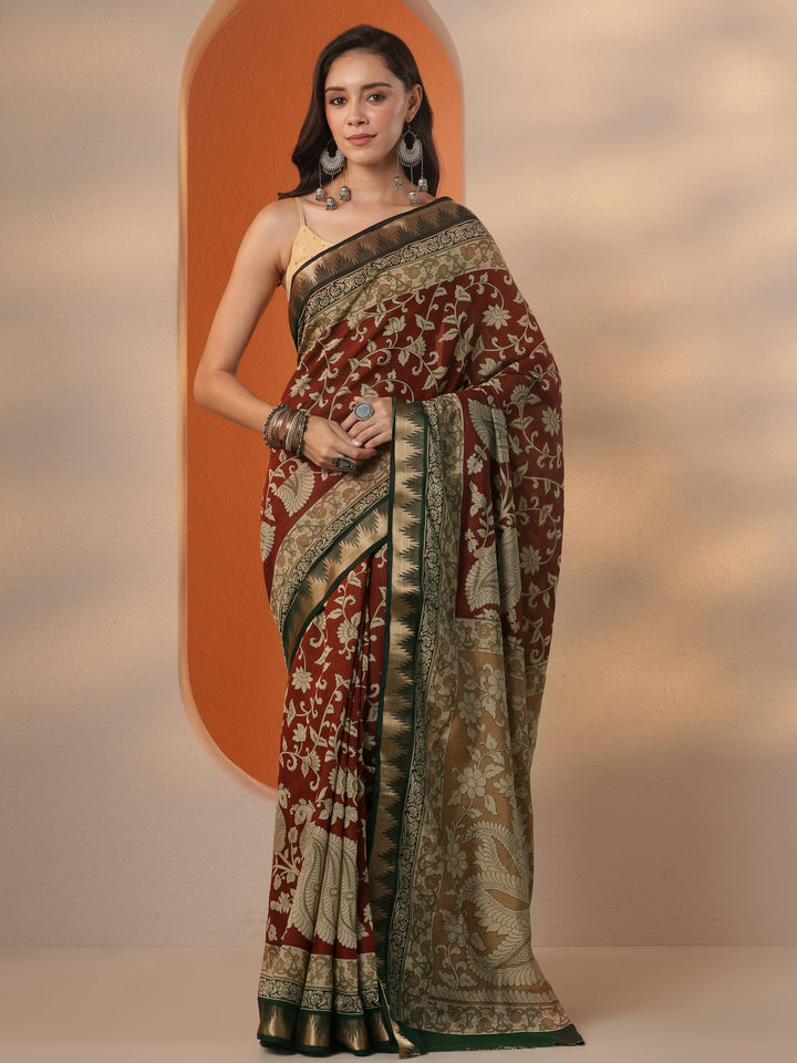 Brown Printed Silk Blend Saree With Unstitched Blouse Piece