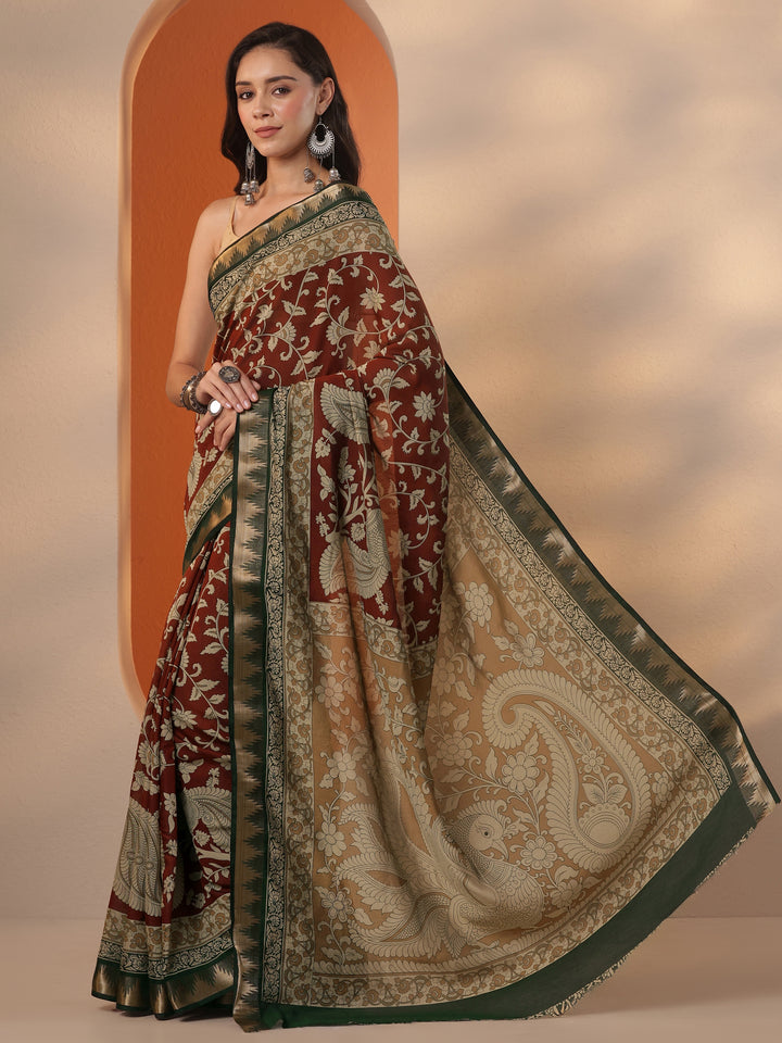 Brown Printed Silk Blend Saree With Unstitched Blouse Piece