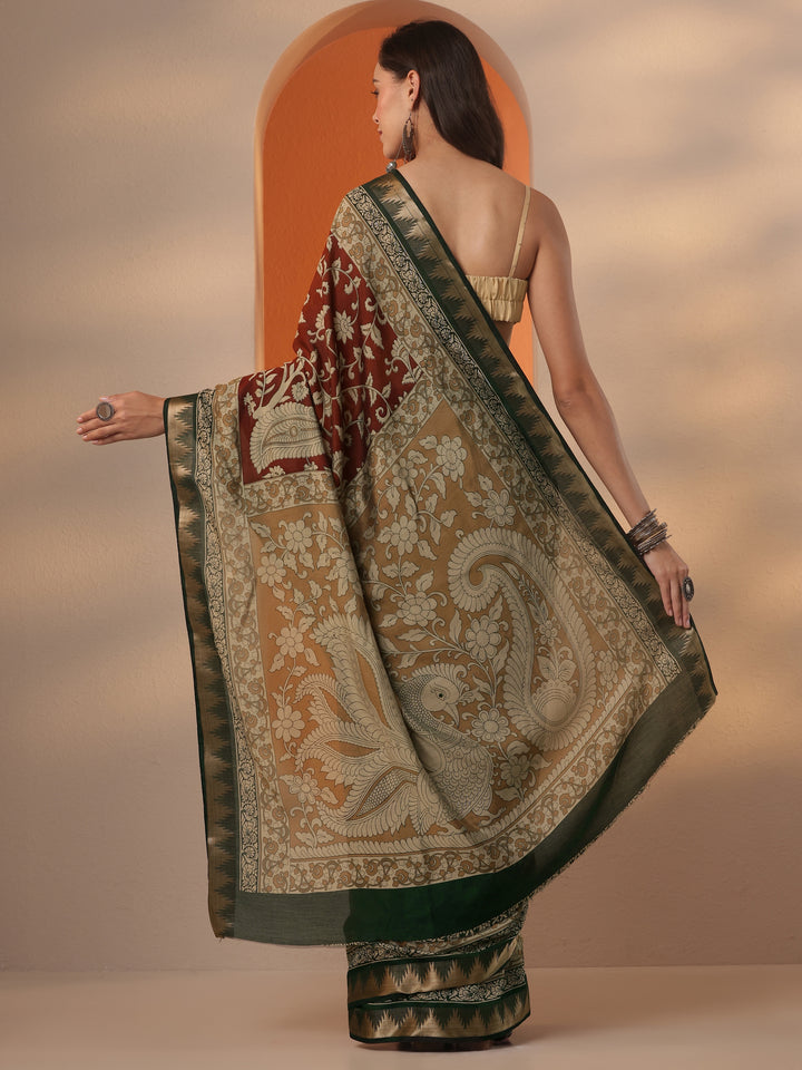 Brown Printed Silk Blend Saree With Unstitched Blouse Piece