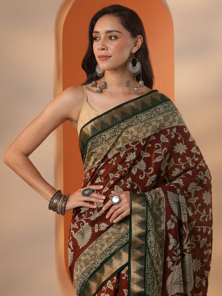Brown Printed Silk Blend Saree With Unstitched Blouse Piece