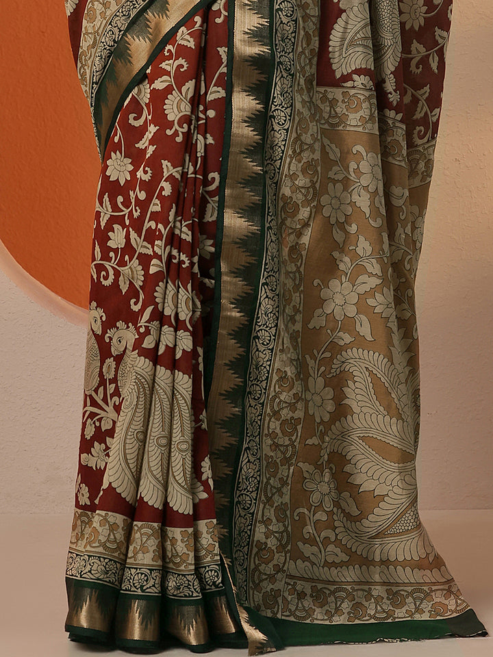 Brown Printed Silk Blend Saree With Unstitched Blouse Piece