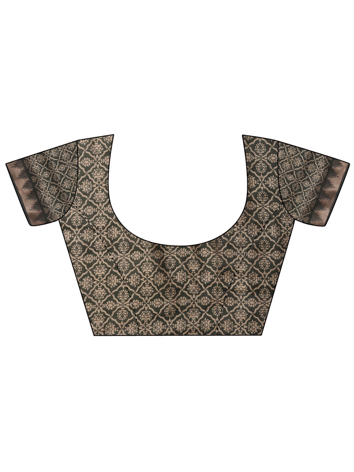 Brown Printed Silk Blend Saree With Unstitched Blouse Piece