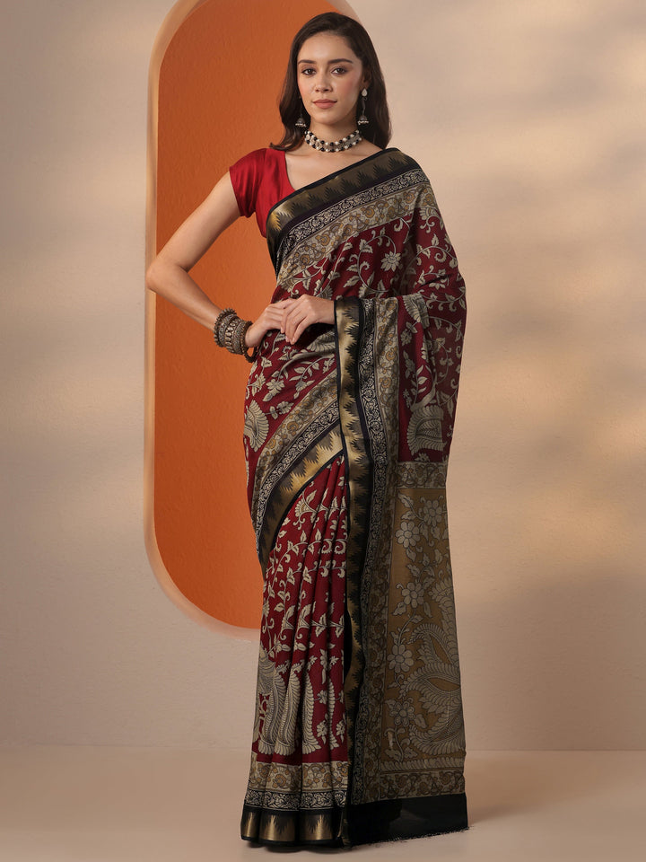 Red Printed Silk Blend Saree With Unstitched Blouse Piece