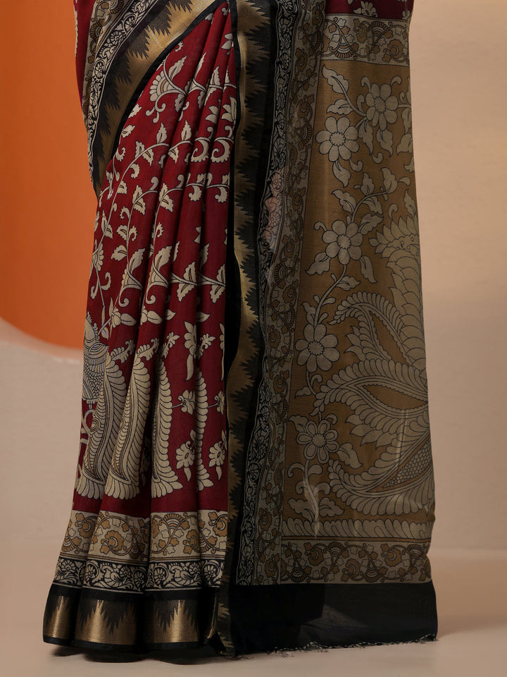 Red Printed Silk Blend Saree With Unstitched Blouse Piece