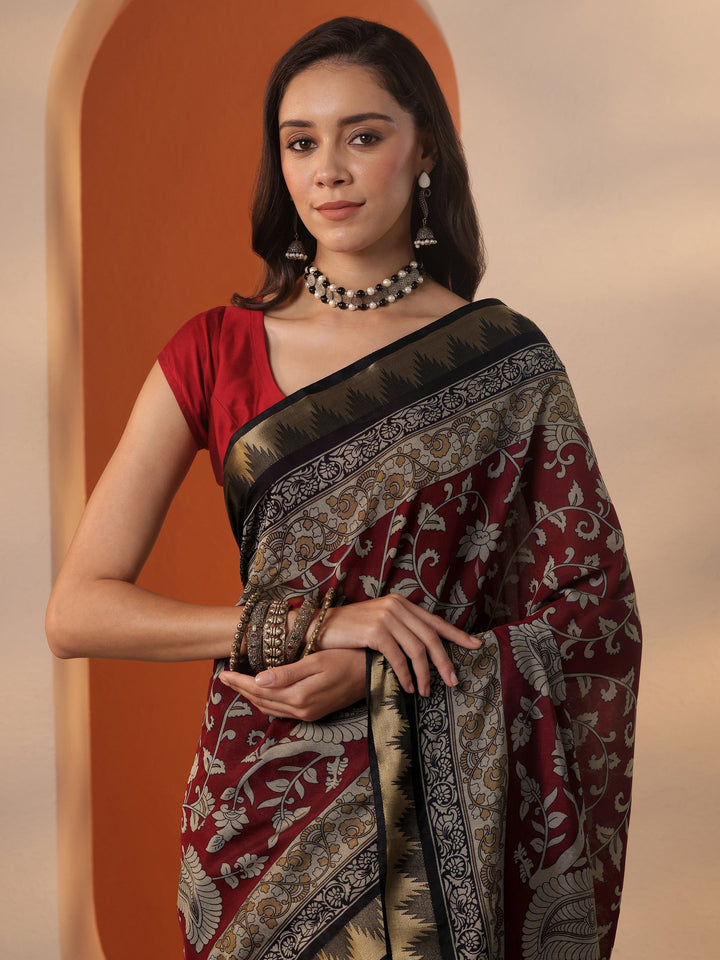 Red Printed Silk Blend Saree With Unstitched Blouse Piece