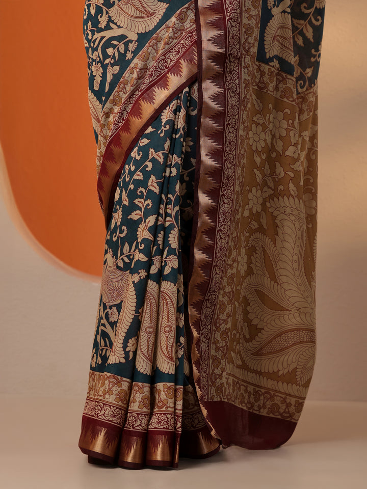 Teal Printed Silk Blend Saree With Unstitched Blouse Piece