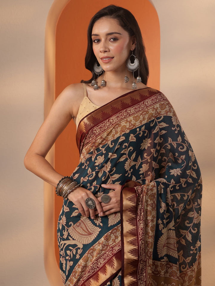 Teal Printed Silk Blend Saree With Unstitched Blouse Piece