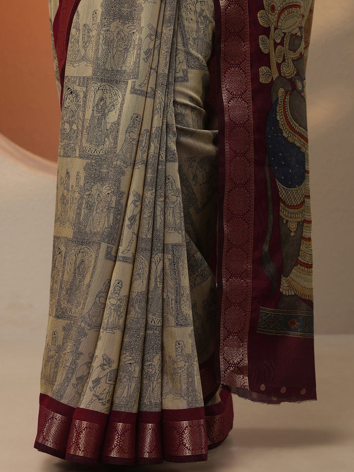 Beige Printed Silk Blend Saree With Unstitched Blouse Piece