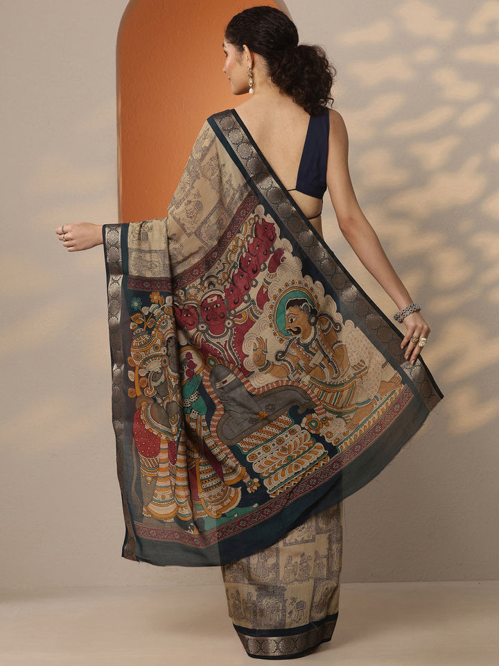 Beige Printed Silk Blend Saree With Unstitched Blouse Piece