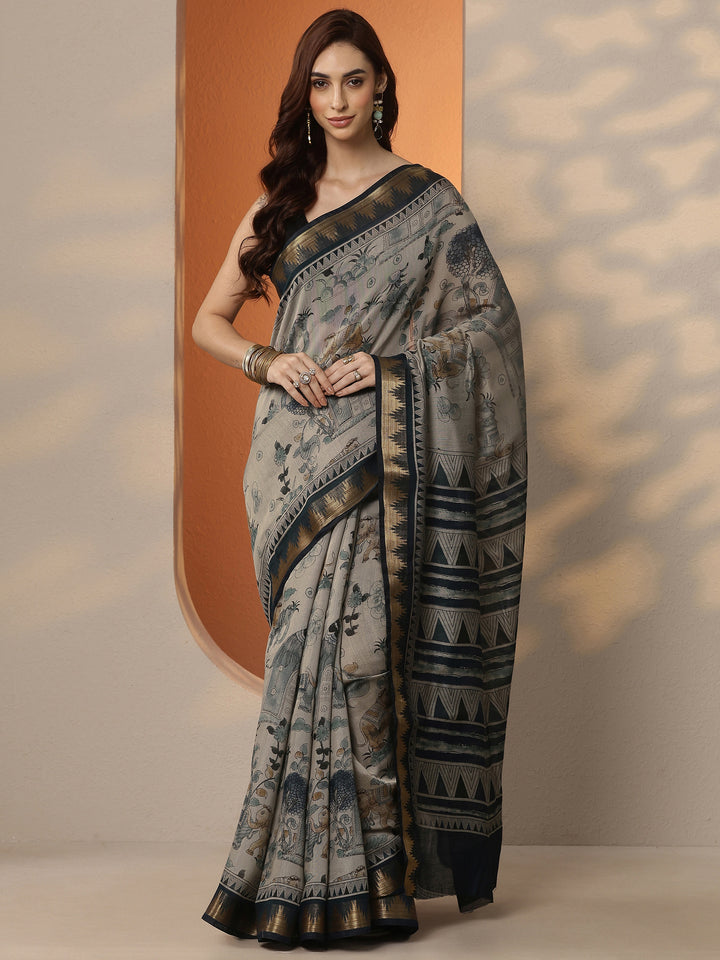 Grey Printed Silk Blend Saree With Unstitched Blouse Piece