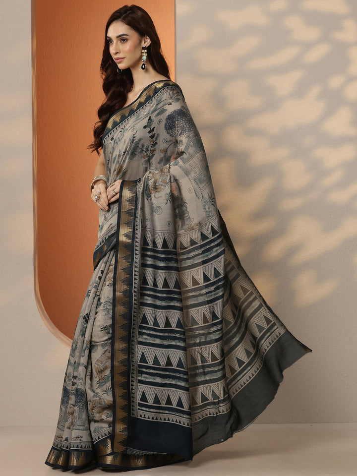 Grey Printed Silk Blend Saree With Unstitched Blouse Piece